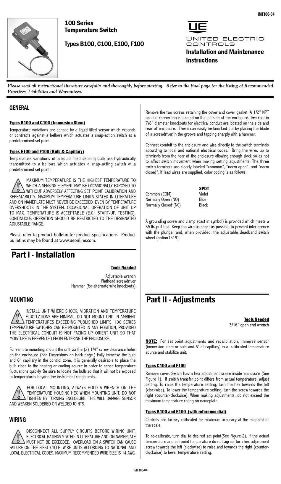 UNITED ELECTRIC CONTROLS 100 SERIES INSTALLATION AND MAINTENANCE