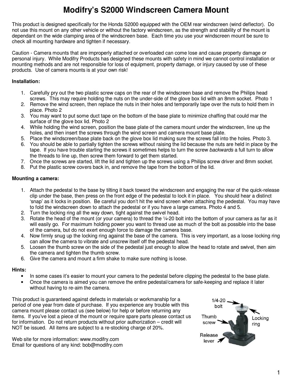 MODIFRY PRODUCTS S2000 WINDSCREEN CAMERA MOUNT QUICK START MANUAL Pdf