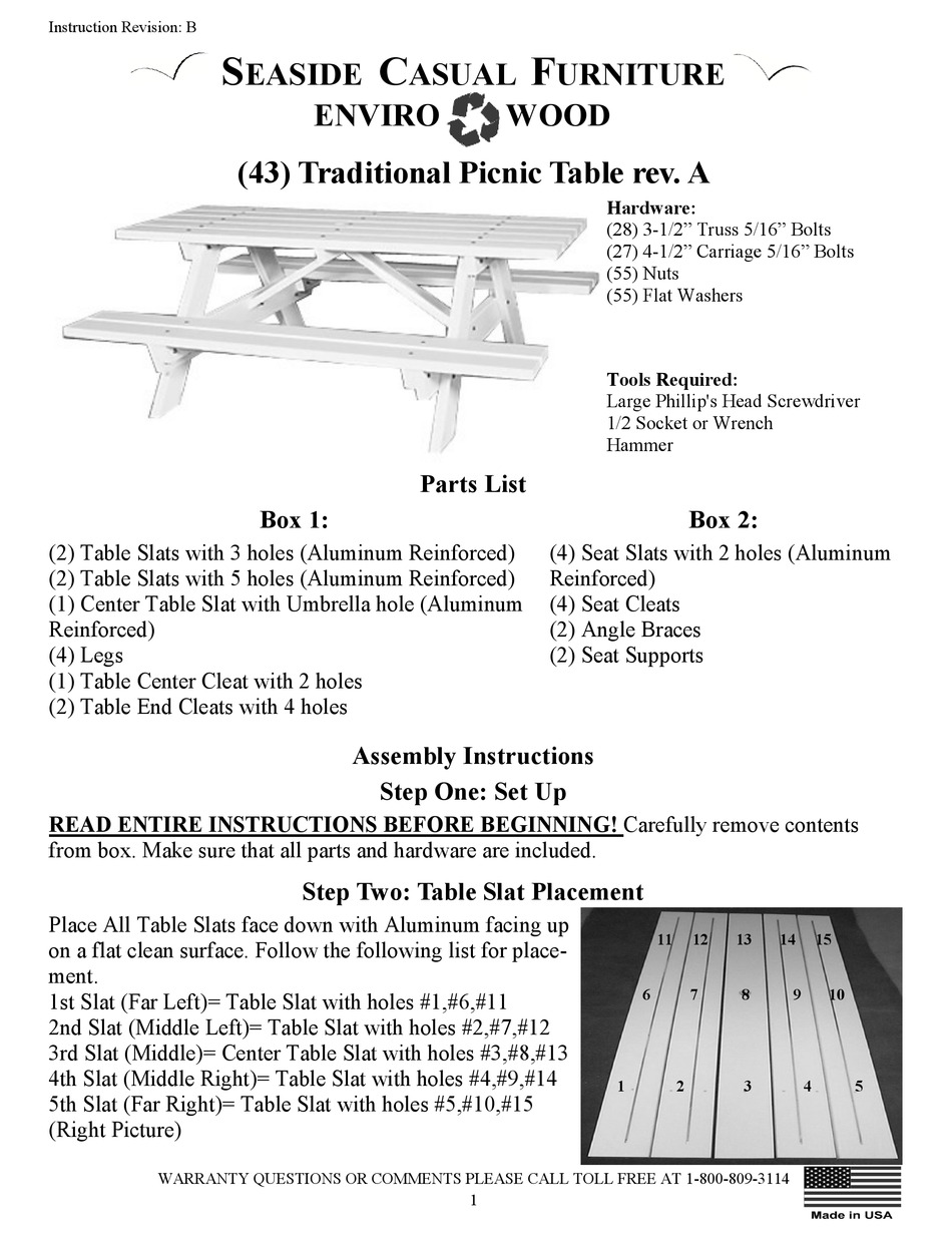 SEASIDE CASUAL FURNITURE ENVIRO WOOD TRADITIONAL PICNIC TABLE ASSEMBLY
