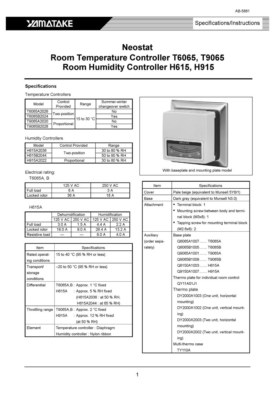 YAMATAKE NEOSTAT T6065 SERIES SPECIFICATIONS & INSTRUCTIONS Pdf