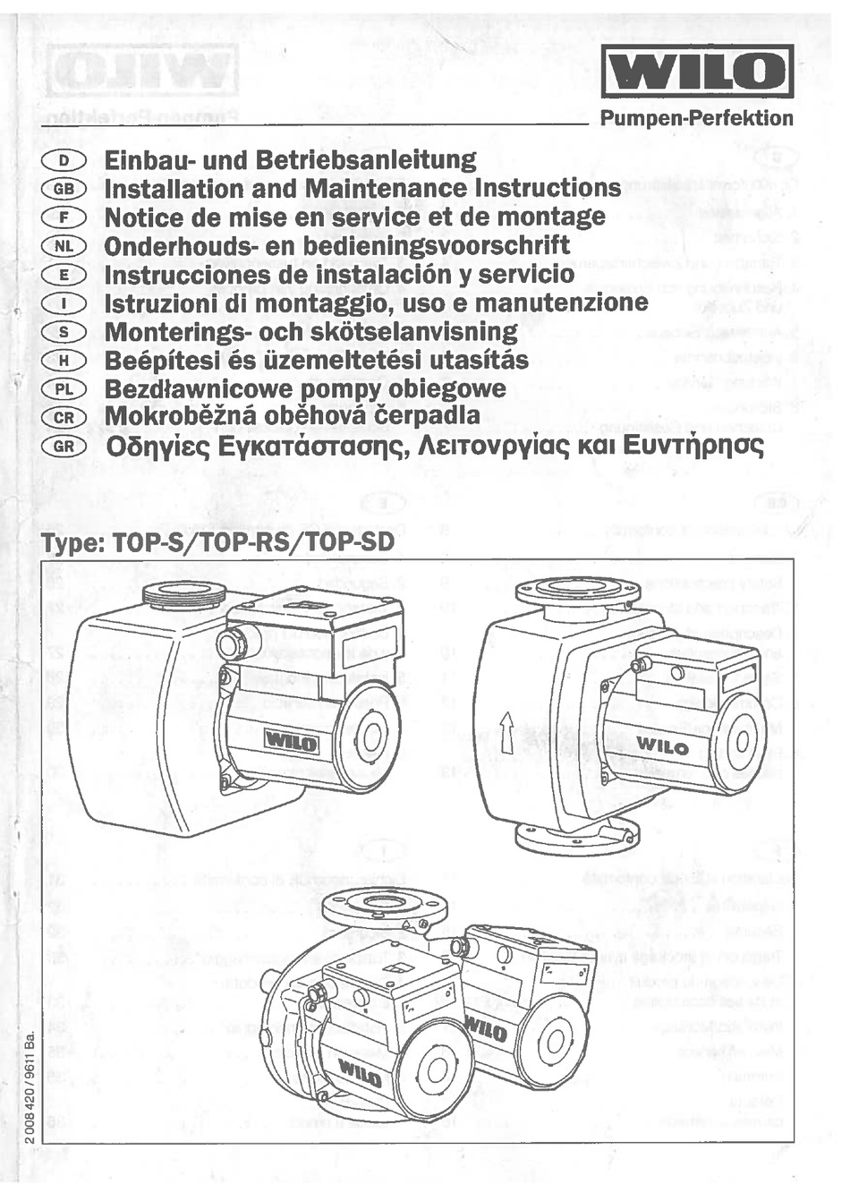 WILO TOP-S INSTALLATION AND MAINTENANCE INSTRUCTIONS MANUAL Pdf ...