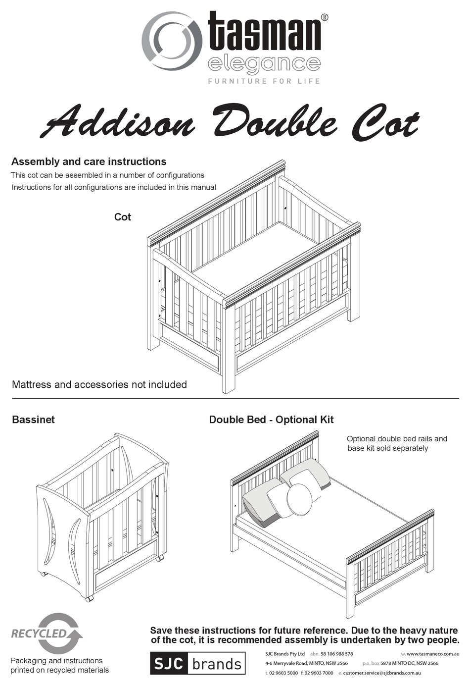 TASMAN ADDISON DOUBLE COT ASSEMBLY AND CARE INSTRUCTIONS Pdf Download