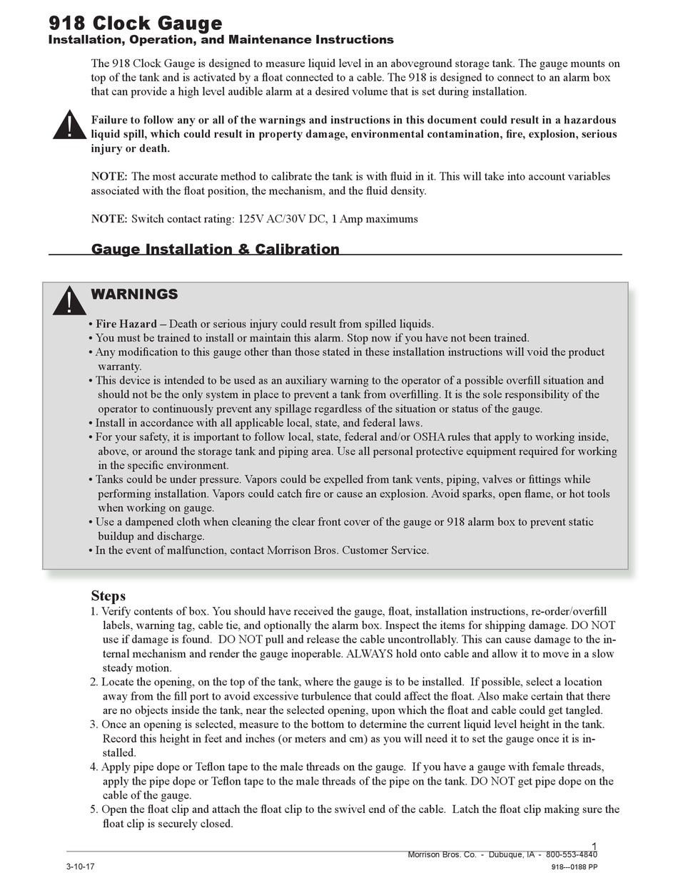 MORRISON BROS. CO. 918 INSTALLATION, OPERATION AND MAINTENANCE