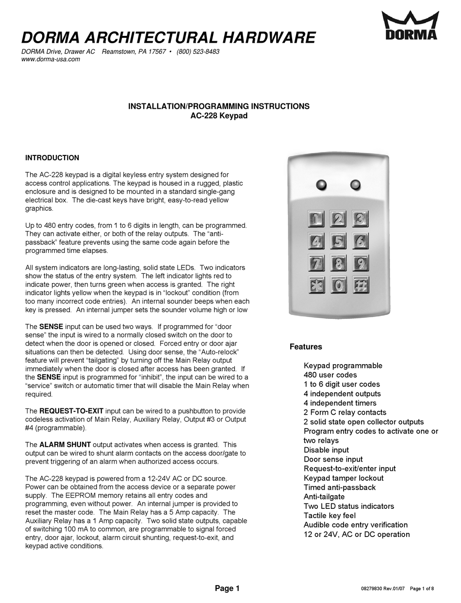 DORMA AC228 INSTALLATION & PROGRAMMING MANUAL Pdf Download ManualsLib