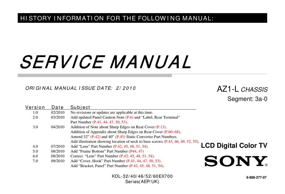 SONY KDL-32EX700 SERVICE MANUAL Pdf Download | ManualsLib