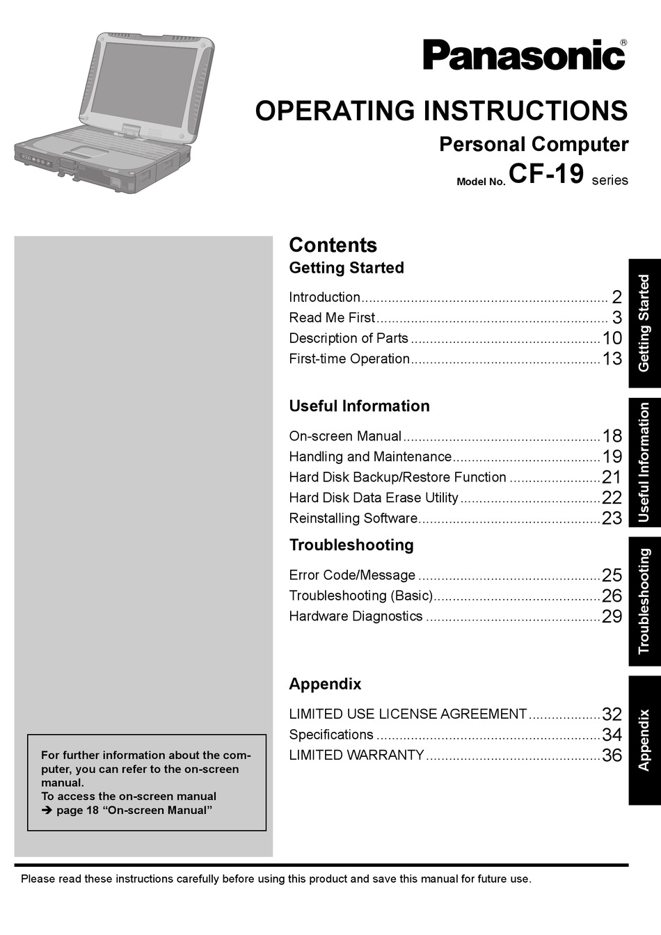 PANASONIC CF19 SERIES OPERATING INSTRUCTIONS MANUAL Pdf Download ManualsLib
