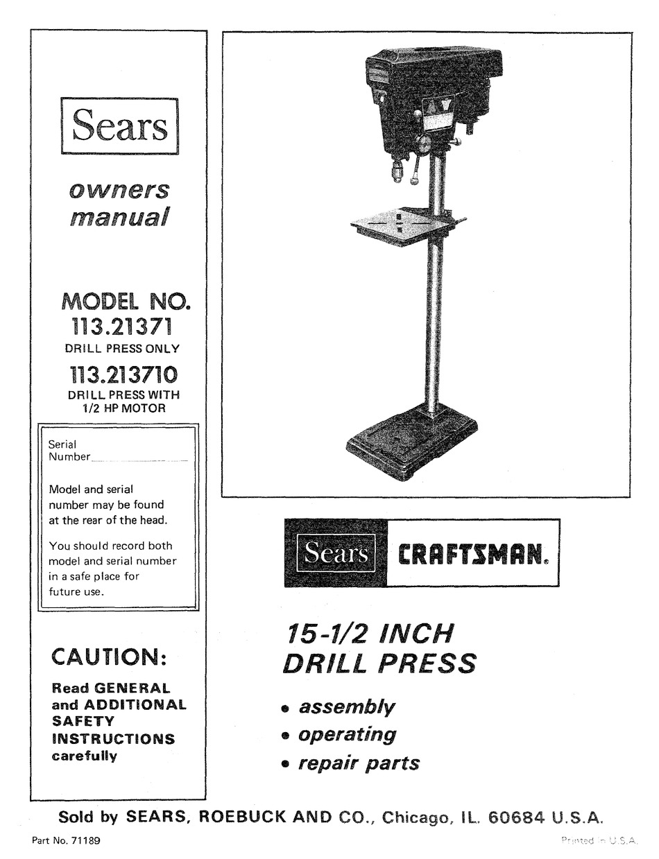 Craftsman 15 1/2 " DRILL PRESS Manual Model 113.24611