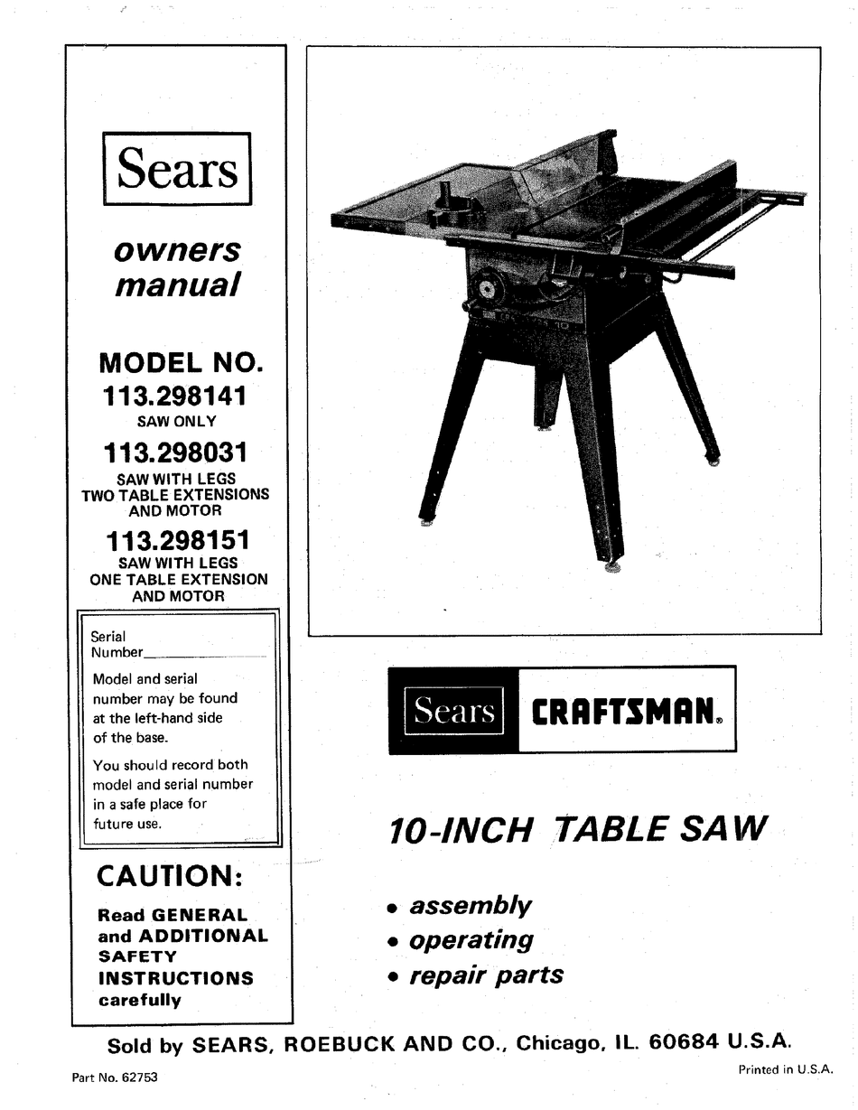 Craftsman 113 298141 Owner S Manual Pdf Download Manualslib