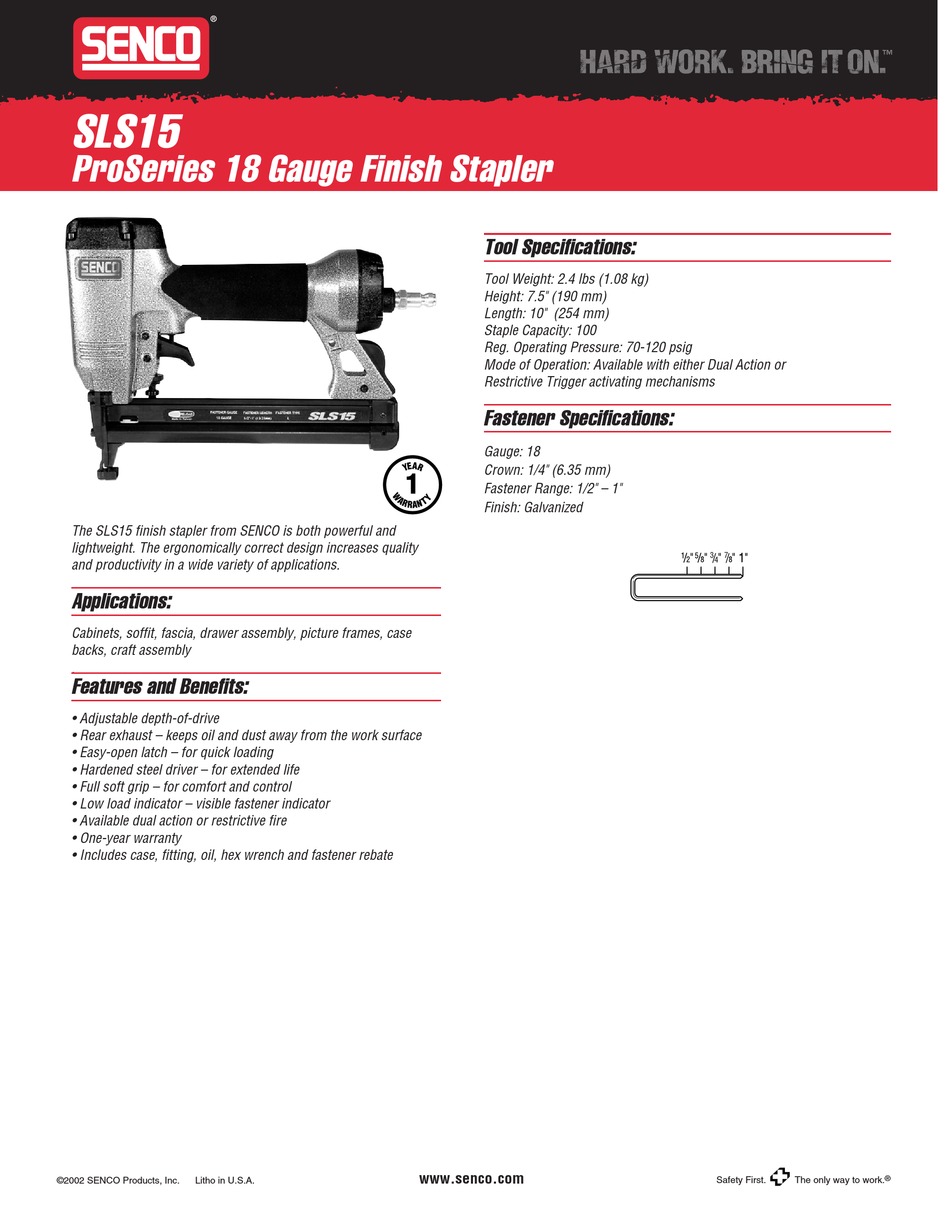 SENCO SLS15 SPECIFICATION SHEET Pdf Download ManualsLib
