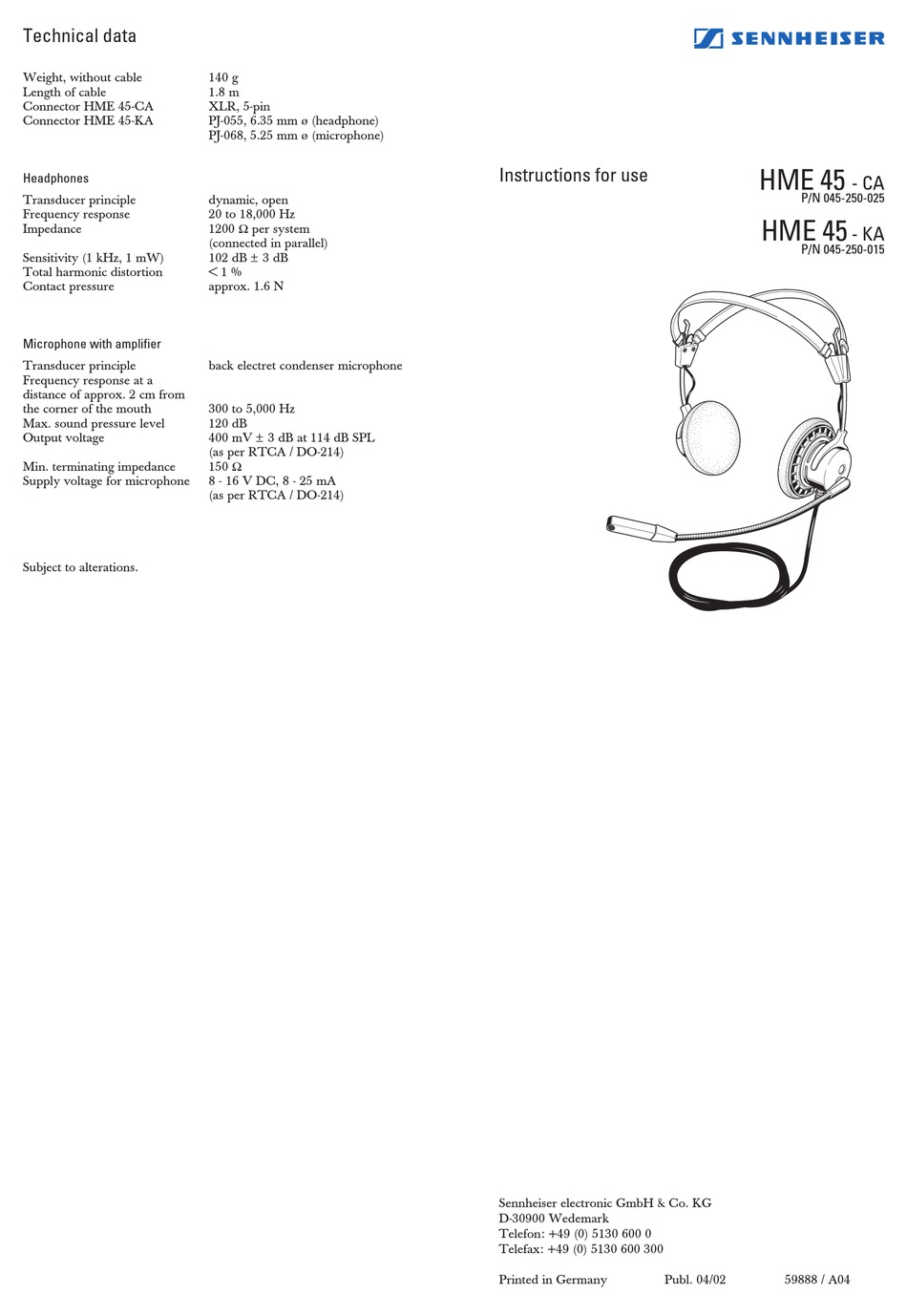 SENNHEISER HEADSET HME 45 CA INSTRUCTIONS FOR USE Pdf Download
