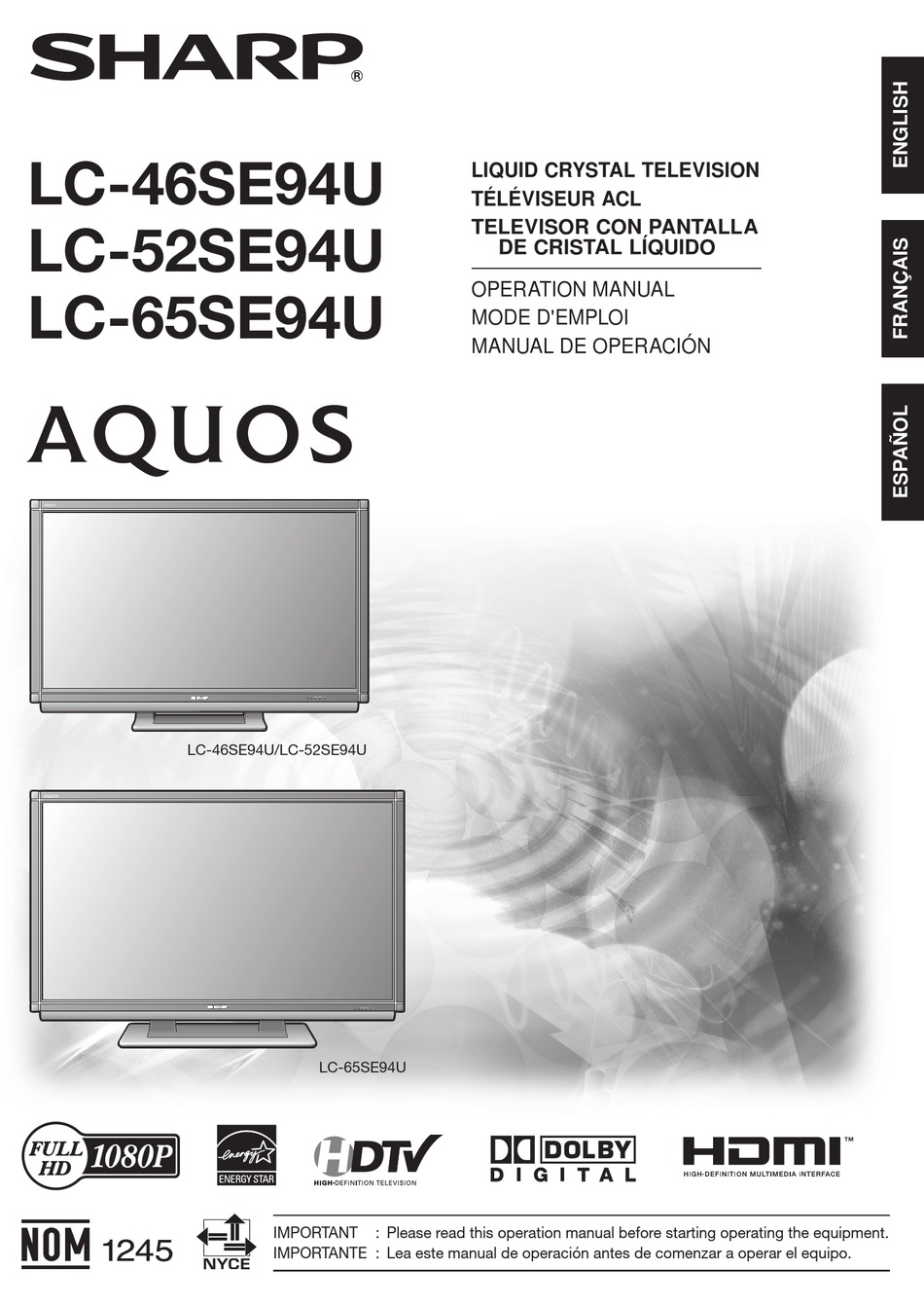 Tv Sharp Aquos Mode D Emploi SHARP AQUOS LC 46SE94U OPERATION MANUAL Pdf Download | ManualsLib