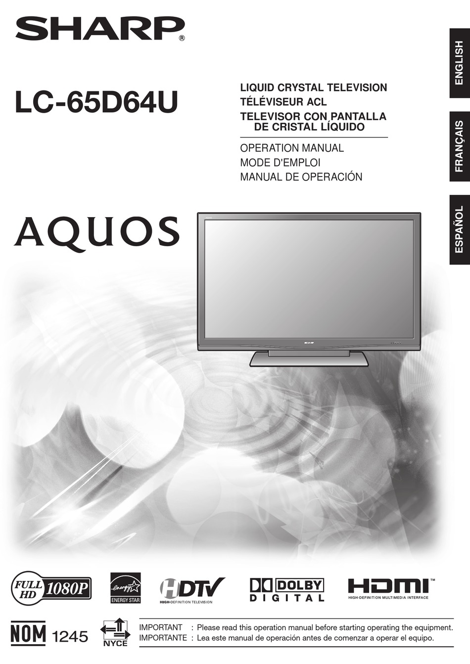 SHARP AQUOS LC 65D64U OPERATION MANUAL Pdf Download | ManualsLib