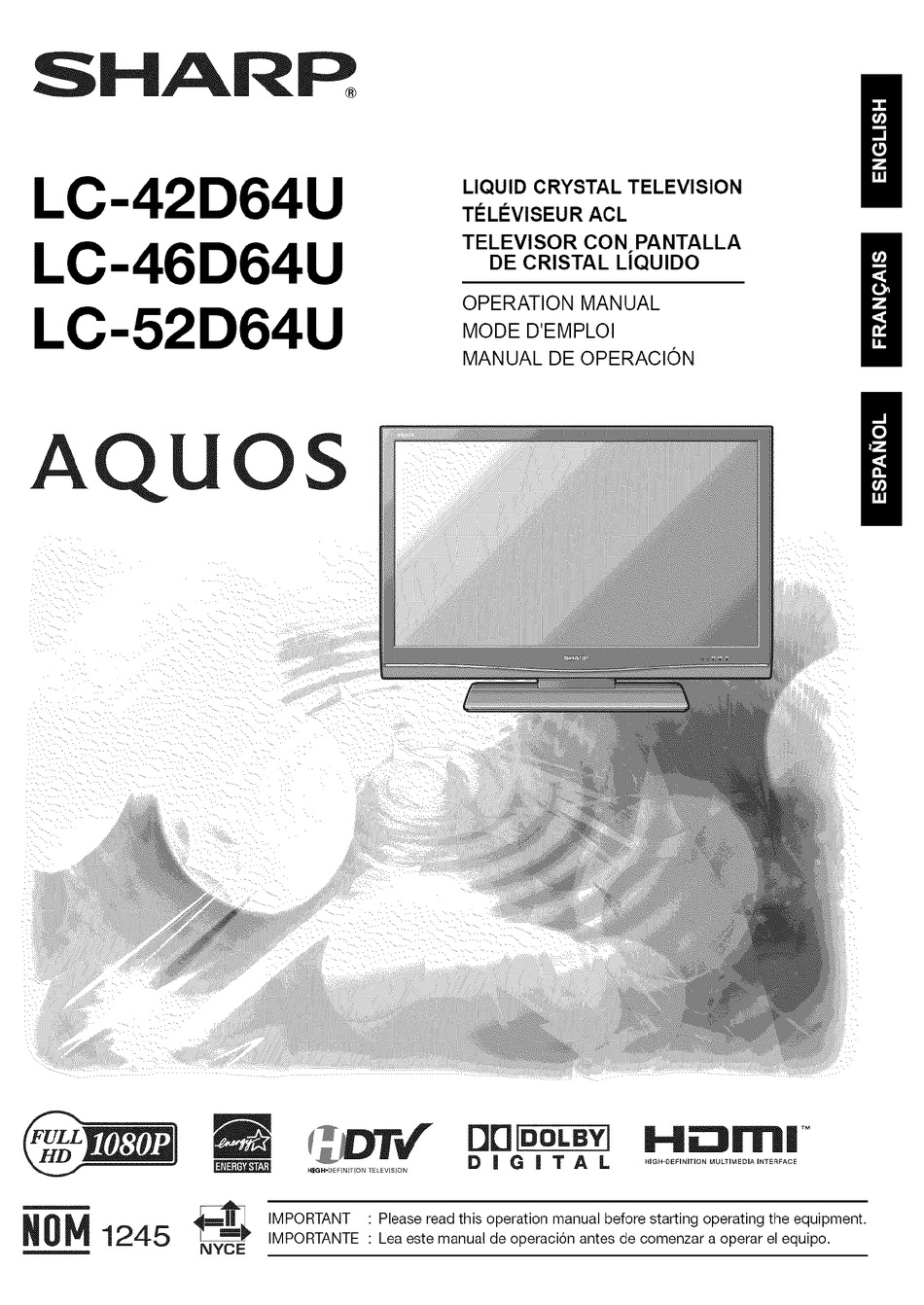 SHARP AQUOS LC42D64U OPERATION MANUAL Pdf Download ManualsLib