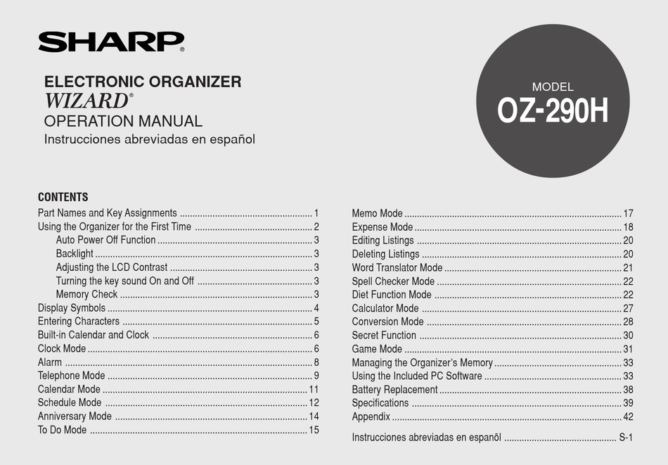 SHARP WIZARD OZ290H OPERATION MANUAL Pdf Download ManualsLib