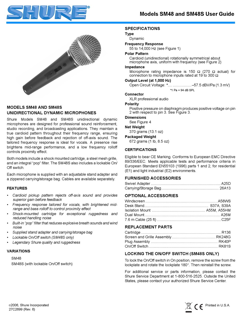SHURE SM48 USER MANUAL Pdf Download | ManualsLib
