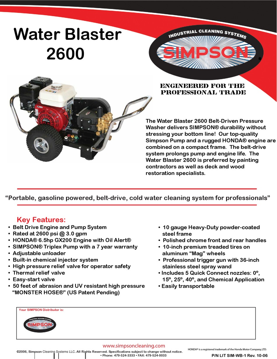SIMPSON WATER BLASTER 2600 FEATURES Pdf 