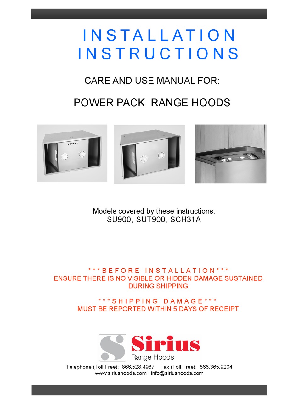 SIRIUS RANGE HOODS SCH31A INSTALLATION INSTRUCTIONS MANUAL Pdf Download