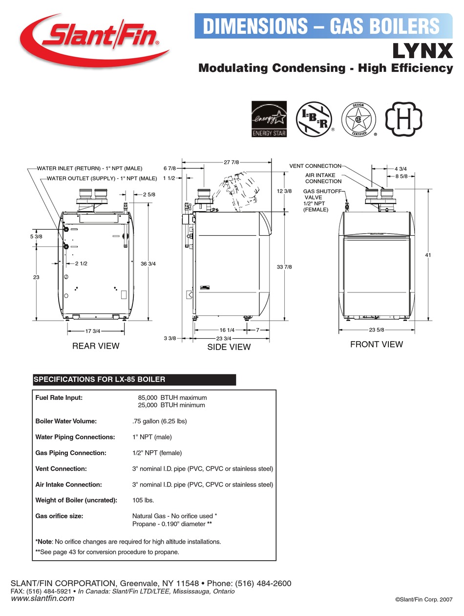 SLANT/FIN LYNX SPECIFICATIONS Pdf Download ManualsLib