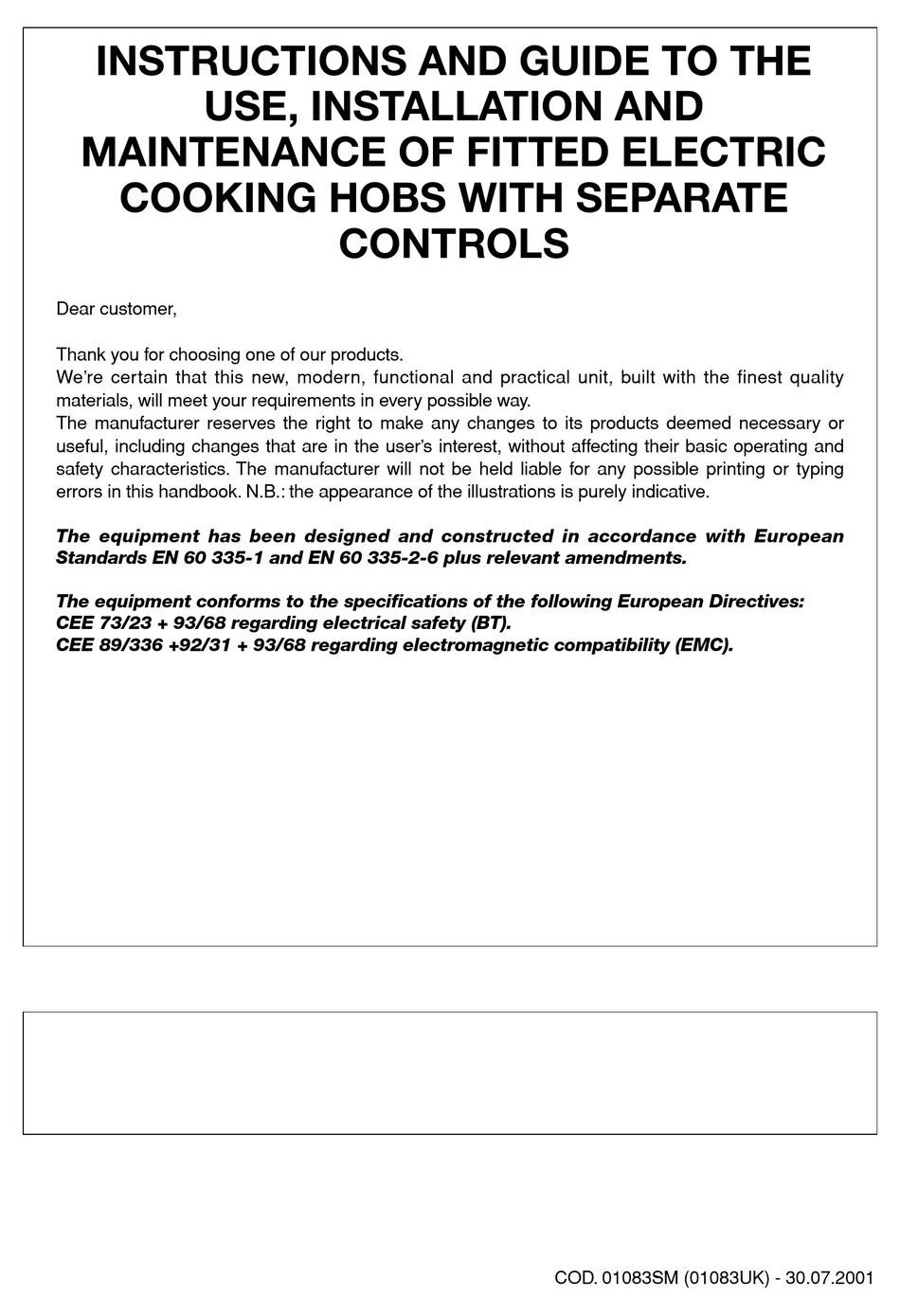 SMEG FITTED ELECTRIC COOKING HOBS SE035 USE, INSTALLATION AND