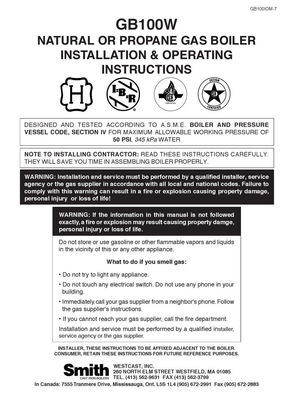 SMITH CAST IRON BOILERS GB100W INSTALLATION & OPERATING INSTRUCTIONS
