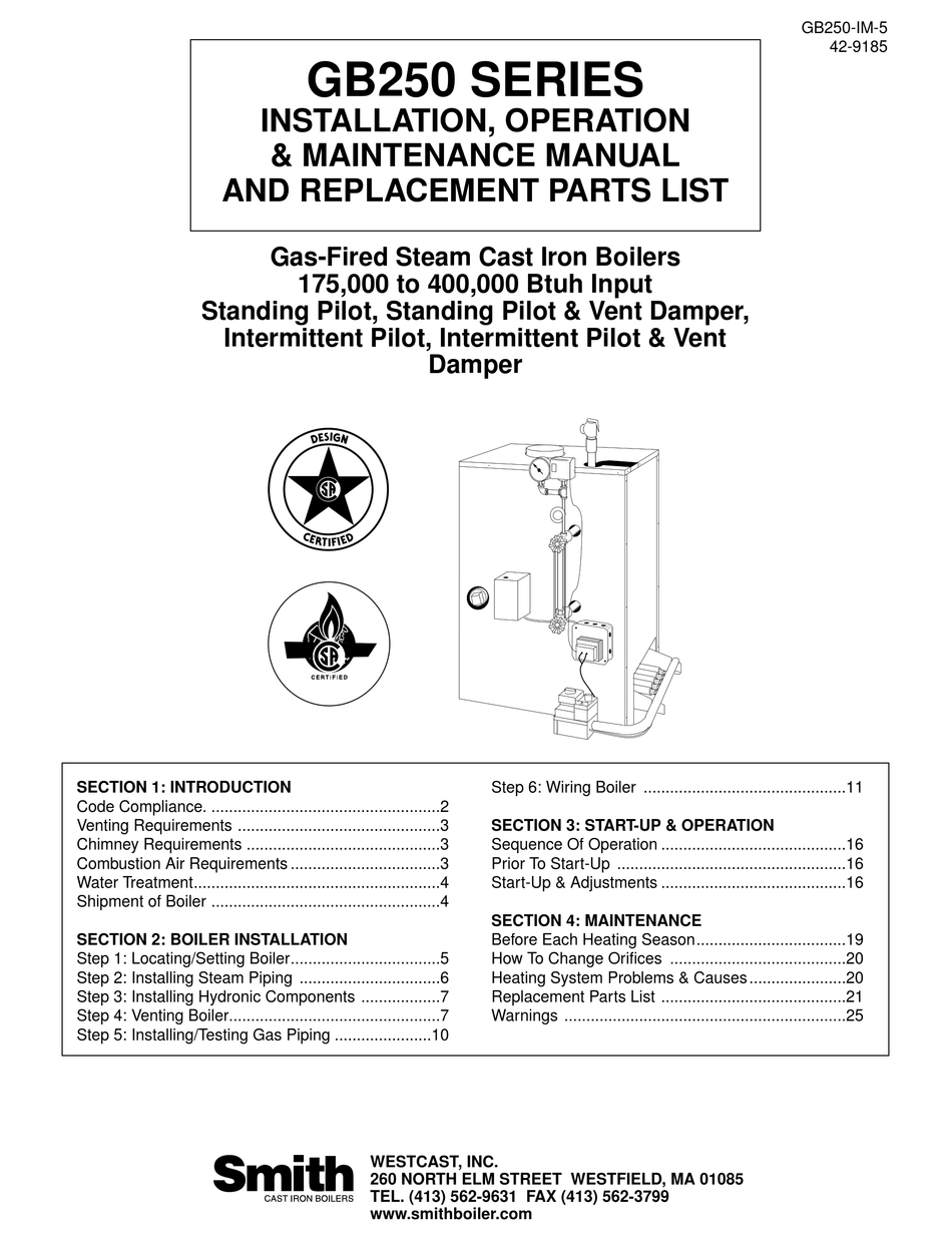 SMITH CAST IRON BOILERS GB250 SERIES INSTALLATION & OPERATION MANUAL