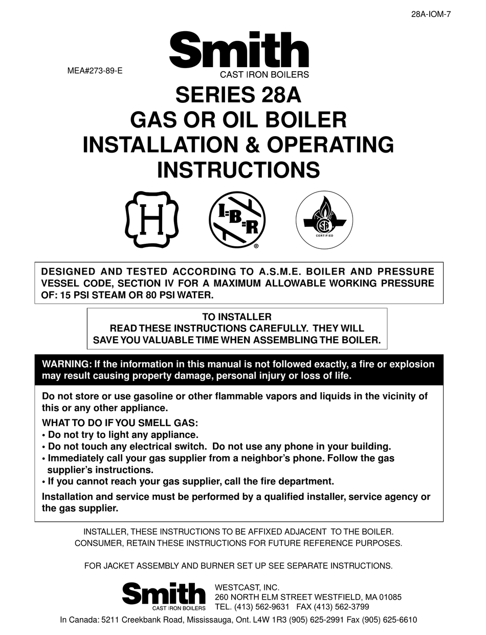 SMITH CAST IRON BOILERS SERIES 28A INSTALLATION AND OPERATING INSTRUCTIONS  MANUAL Pdf Download | ManualsLib
