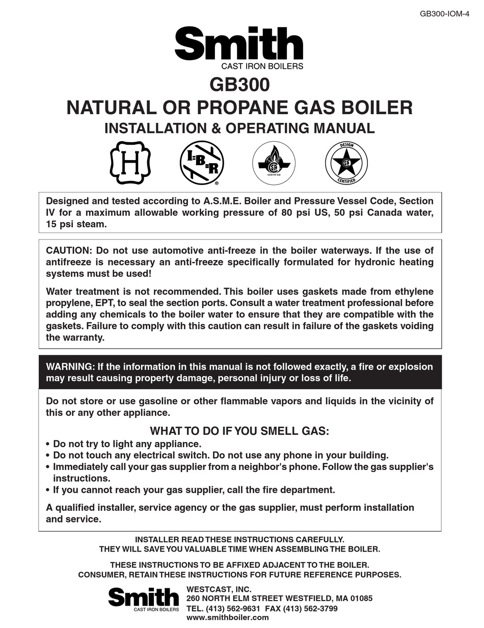 SMITH CAST IRON BOILERS GB300 INSTALLATION & OPERATING MANUAL Pdf ...