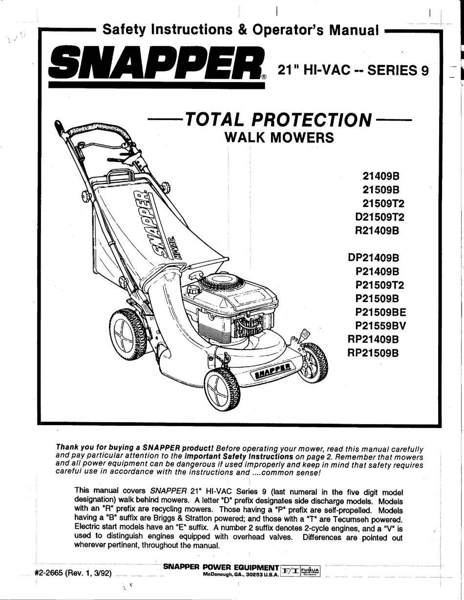 SNAPPER 21409B SAFETY INSTRUCTION & OPERATORRS MANUAL Pdf Download
