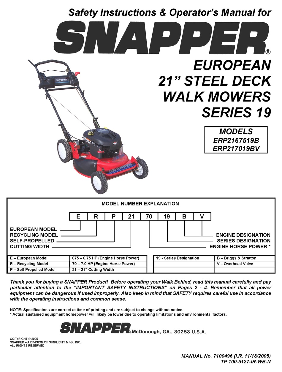 SNAPPER ERP217019BV SAFETY INSTRUCTIONS & OPERATOR'S MANUAL Pdf Sns-Brigh10