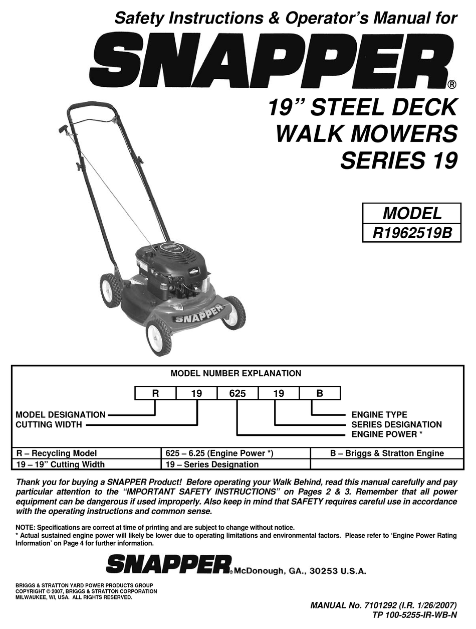 SNAPPER R1962519B SAFETY INSTRUCTIONS & OPERATOR'S MANUAL Pdf Download