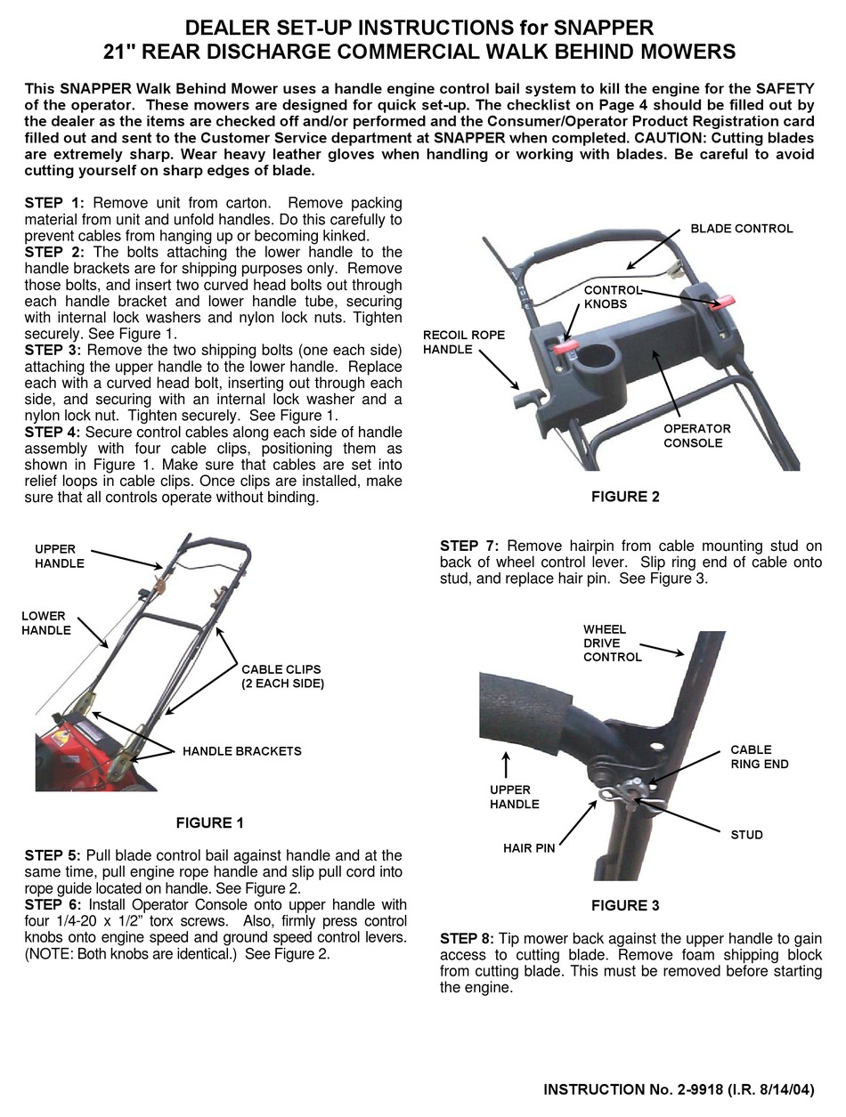 SNAPPER WALK BEHIND MOWER SETUP INSTRUCTIONS Pdf Download ManualsLib