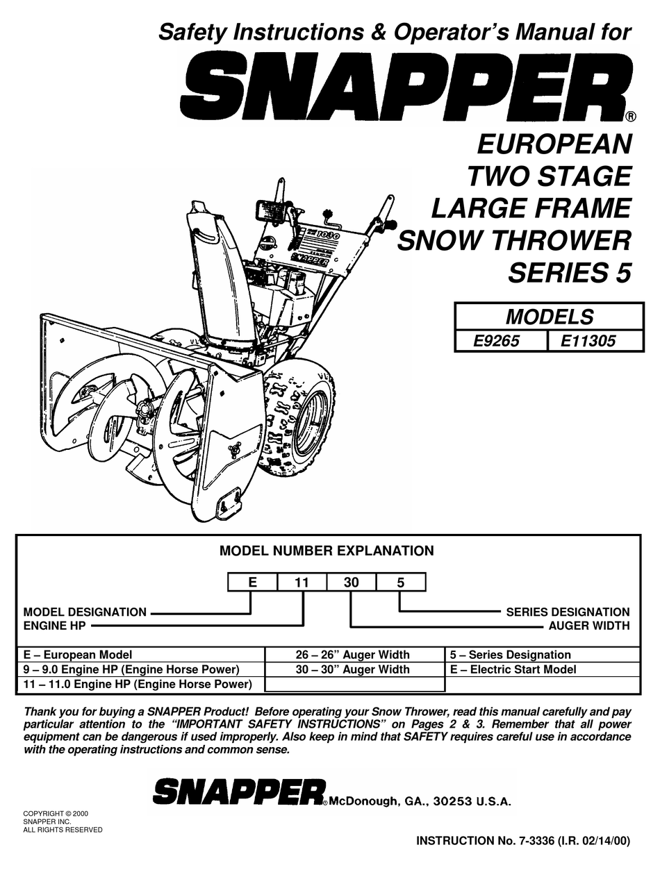 SNAPPER E11305 SAFETY INSTRUCTIONS & OPERATOR'S MANUAL Pdf Download ...