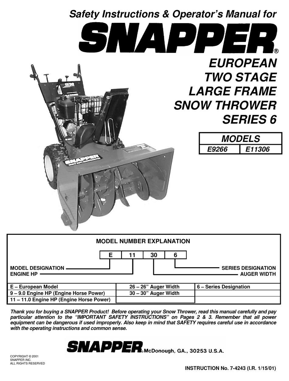 SNAPPER E9266, E11306 SAFETY INSTRUCTIONS & OPERATOR'S MANUAL Pdf ...