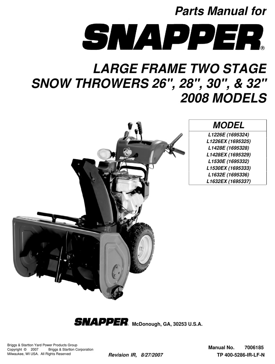 Snapper Schneefräsen L1428E (1695328) - Snapper 28 Snowthrower, 13.5 HP,  Two Stage, Large Frame, Series 2008 Engine Group Ersatzteile online kaufen
