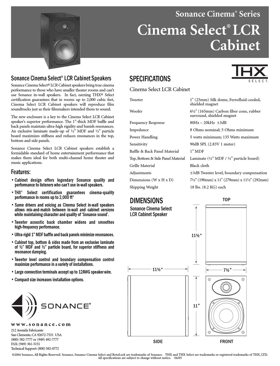 SONANCE LCR SPEAKER SPECIFICATION SHEET Pdf Download ManualsLib