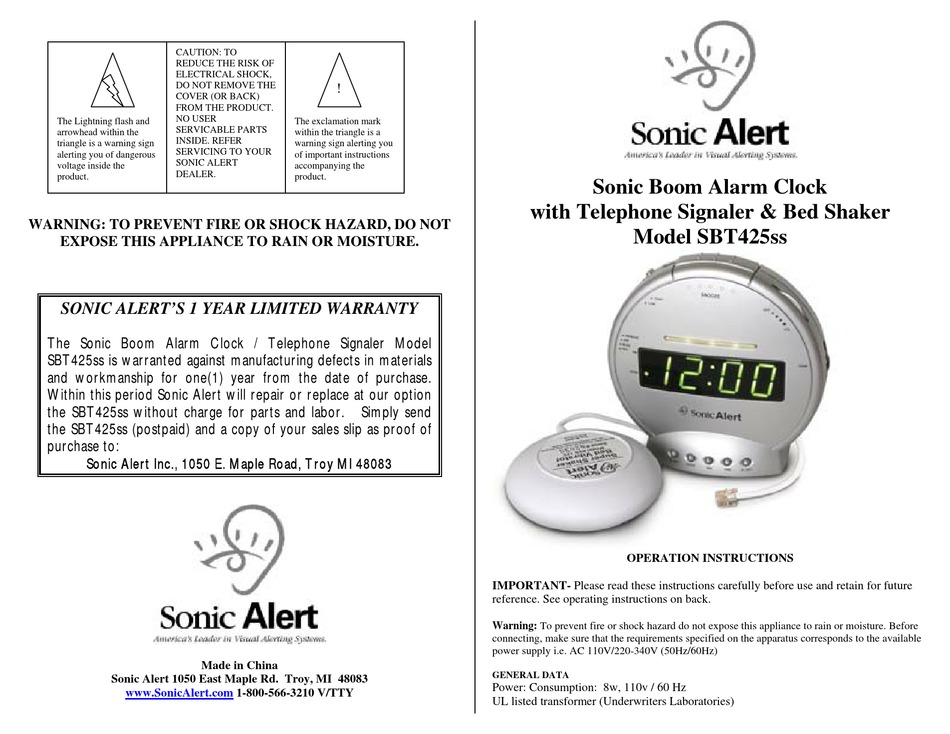 Sonic Alert Boom Sbt425ss, Sonic Boom Alarm Clock Manual