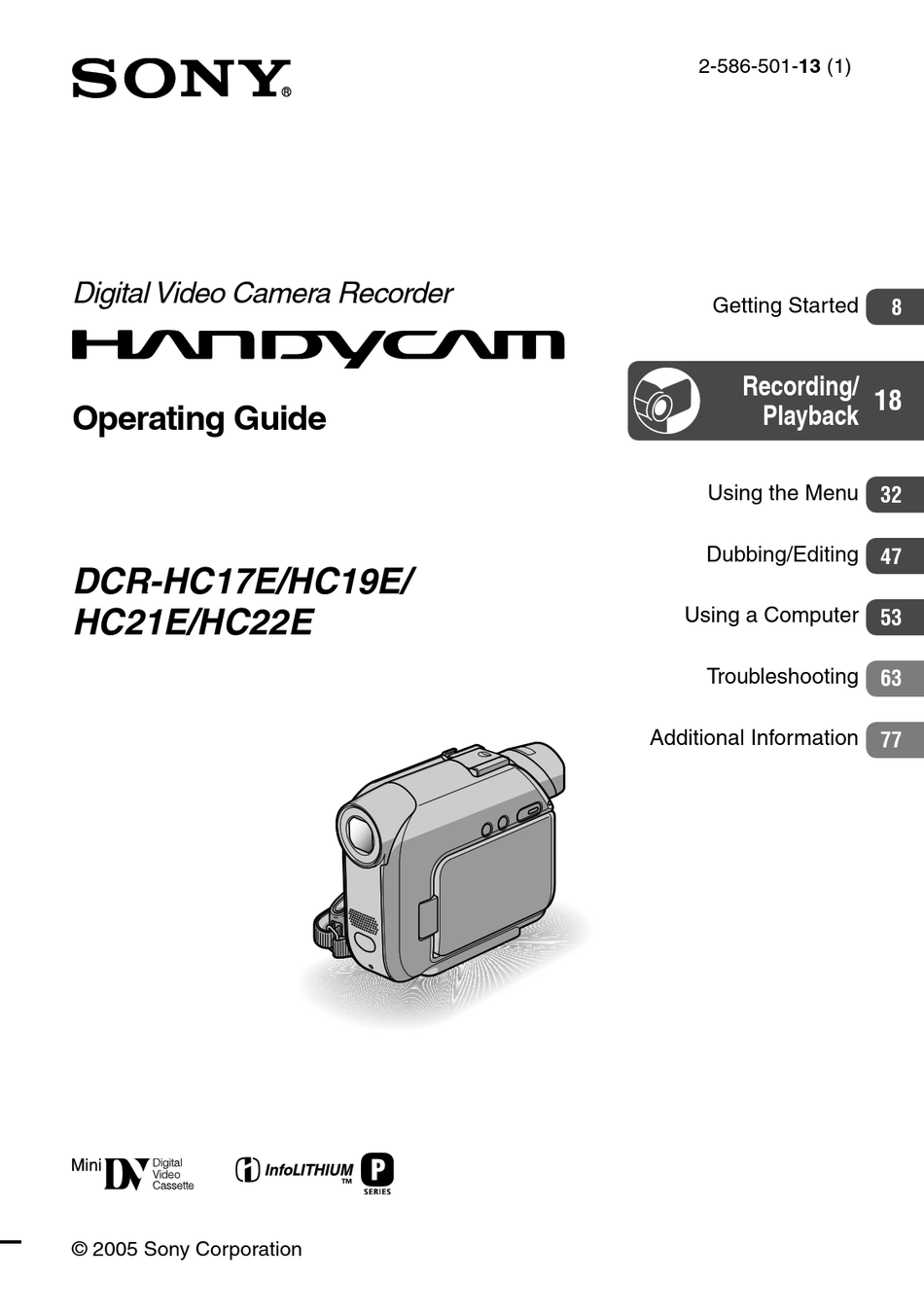 SONY HANDYCAM DCR-HC17E OPERATING MANUAL Pdf Download | ManualsLib