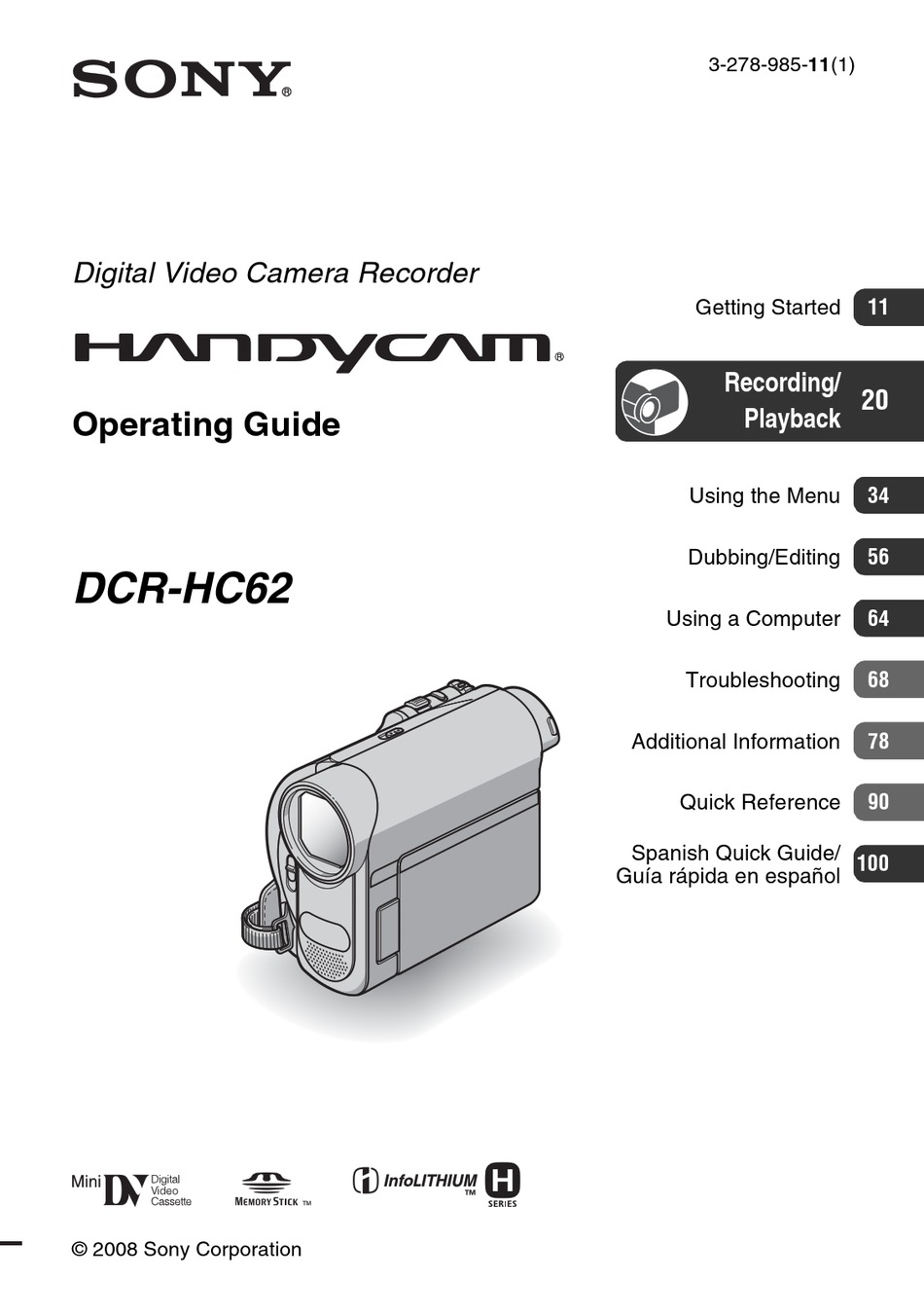 SONY HANDYCAM DCRHC62 OPERATING MANUAL Pdf Download ManualsLib