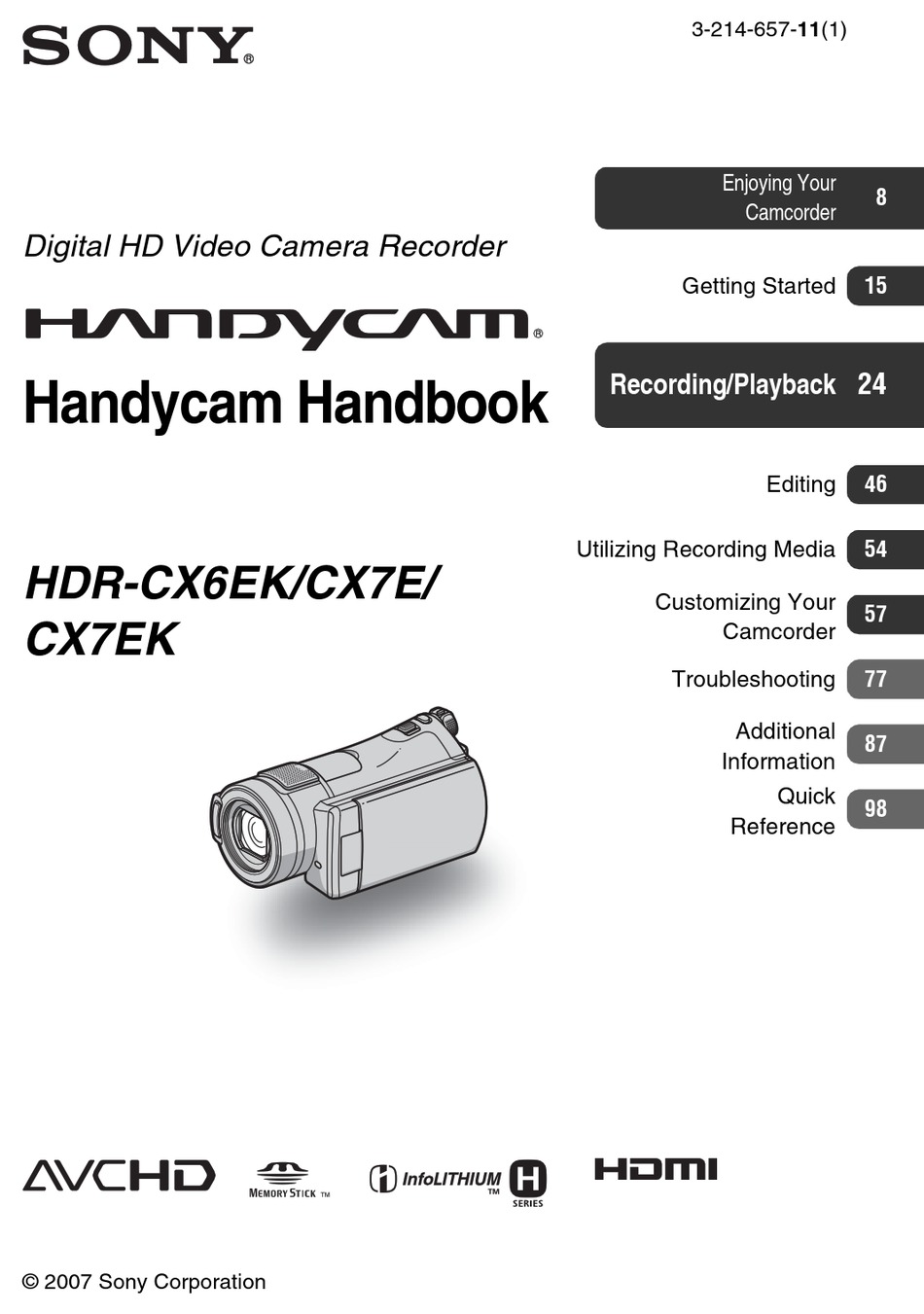 SONY HANDYCAM HDRCX7E HANDBOOK Pdf Download ManualsLib