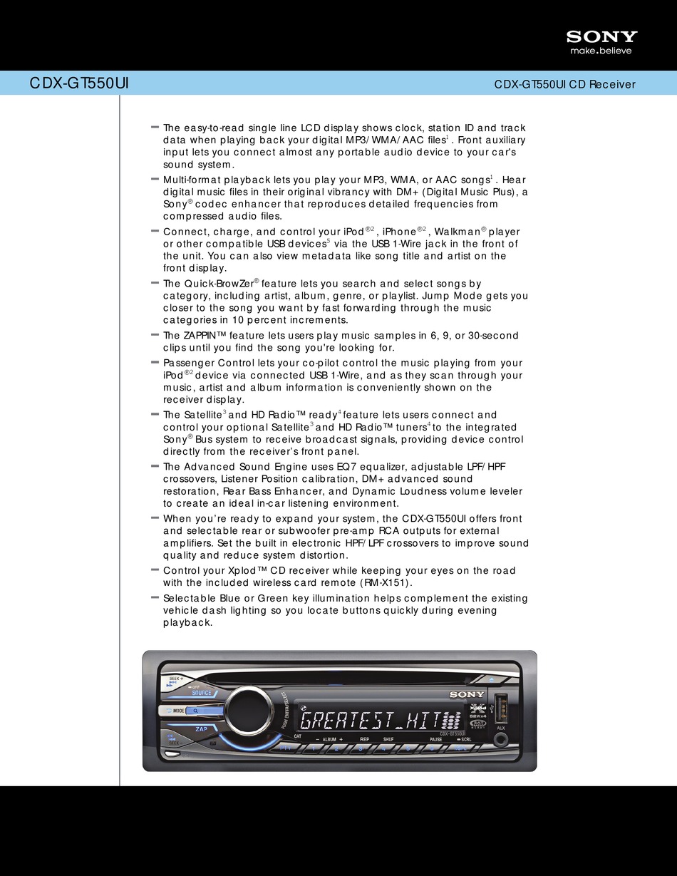 SONY CDX-GT550UI OPERATING INSTRUCTIONS (CDX-GT550UI) SPECIFICATIONS ...