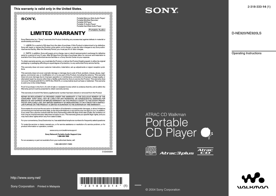 SONY CD WALKMAN D-NE920 OPERATING INSTRUCTIONS MANUAL Pdf Download