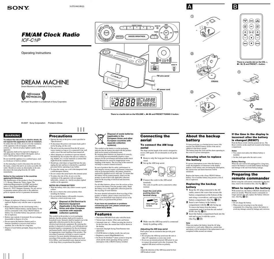 SONY DREAM MACHINE ICF-C1IP OPERATING INSTRUCTIONS Pdf Download