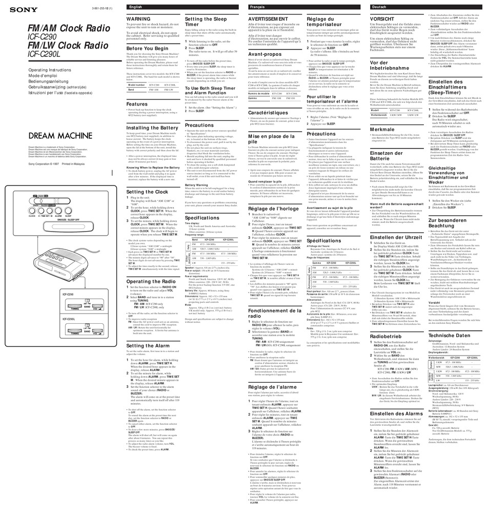 SONY DREAM MACHINE ICFC290 OPERATING INSTRUCTIONS Pdf Download