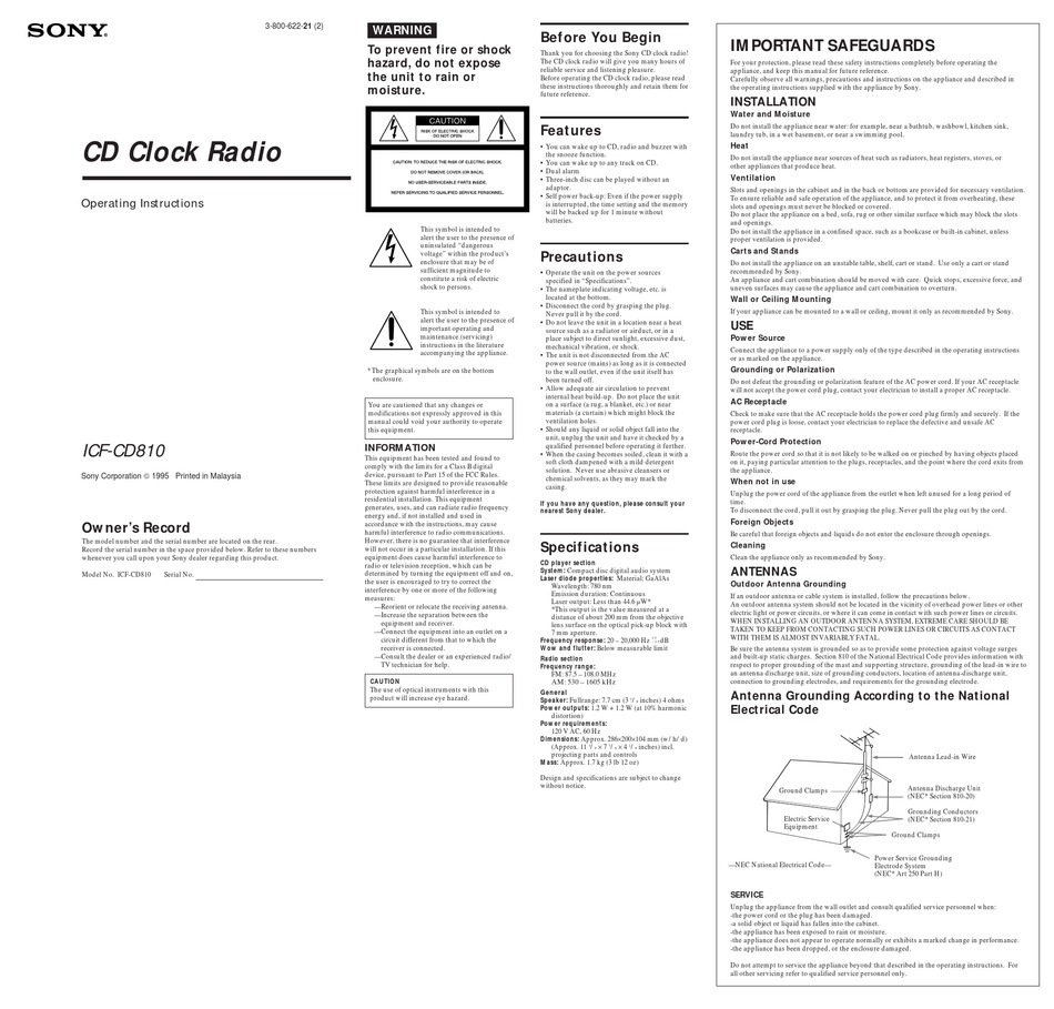 SONY ICFCD810 OPERATING INSTRUCTIONS Pdf Download ManualsLib