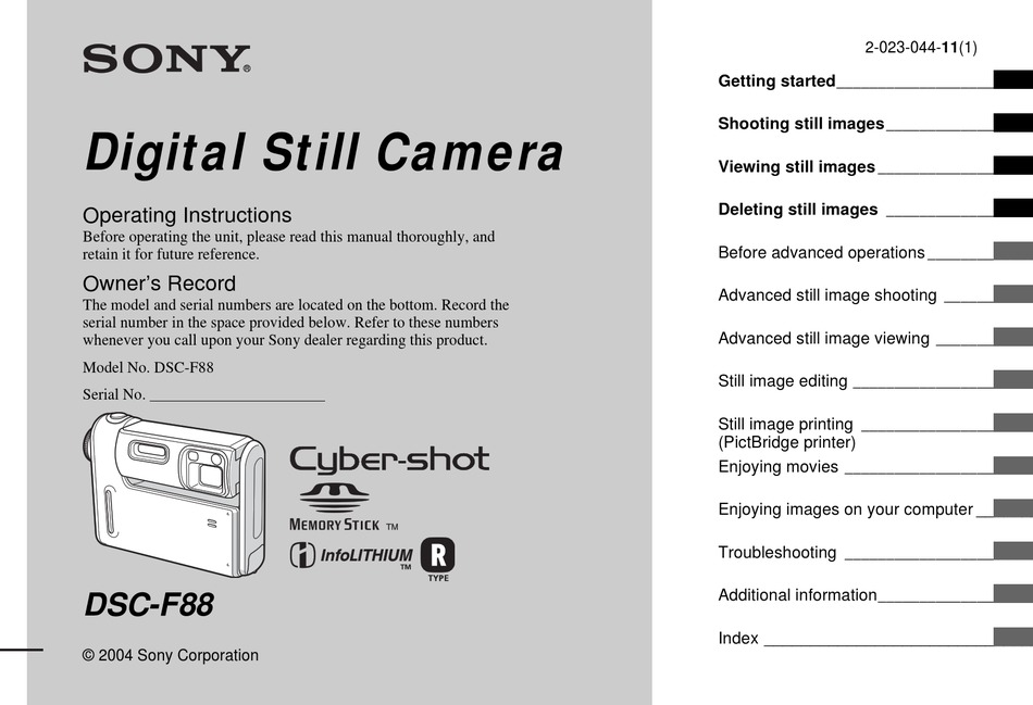 SONY CYBER-SHOT DSC-F88 OPERATING INSTRUCTIONS MANUAL Pdf Download