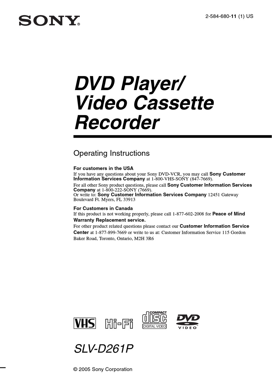SONY SLV-D261P OPERATING INSTRUCTIONS MANUAL Pdf Download | ManualsLib