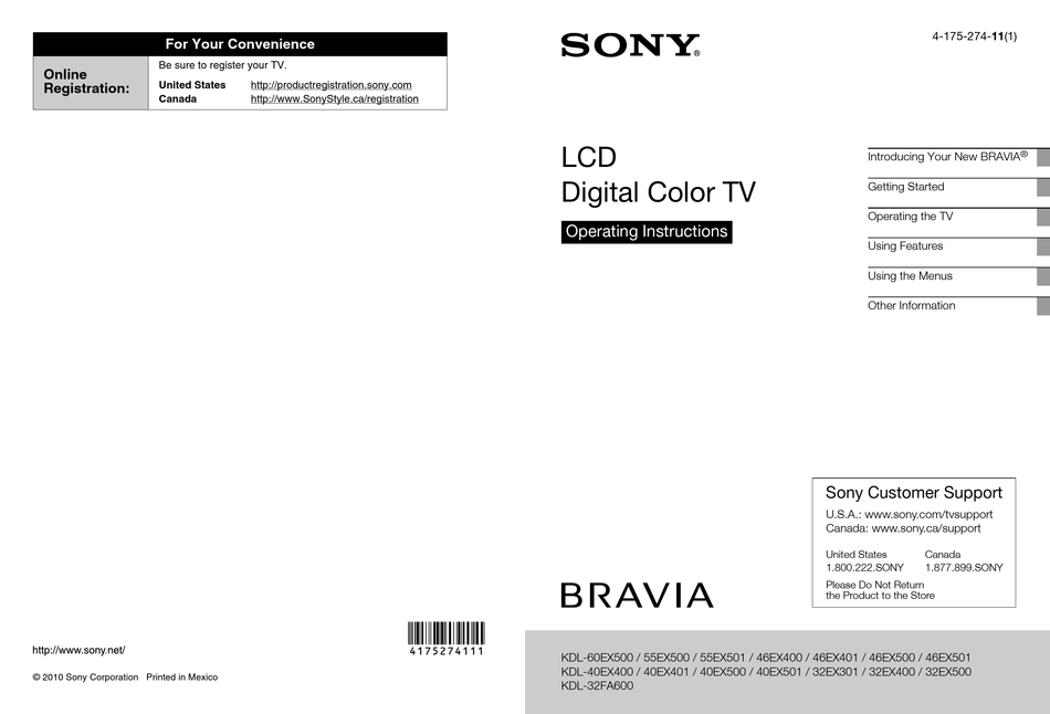 SONY BRAVIA 417527411(1) OPERATING INSTRUCTIONS MANUAL Pdf Download