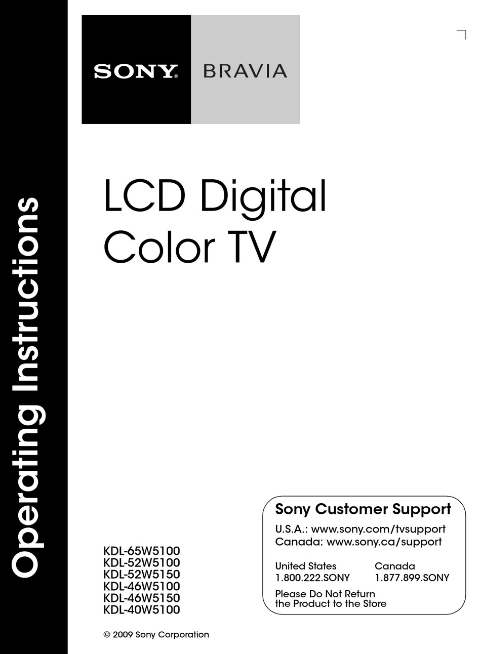 SONY BRAVIA KDL-40W5100 OPERATING INSTRUCTIONS MANUAL Pdf Download ...