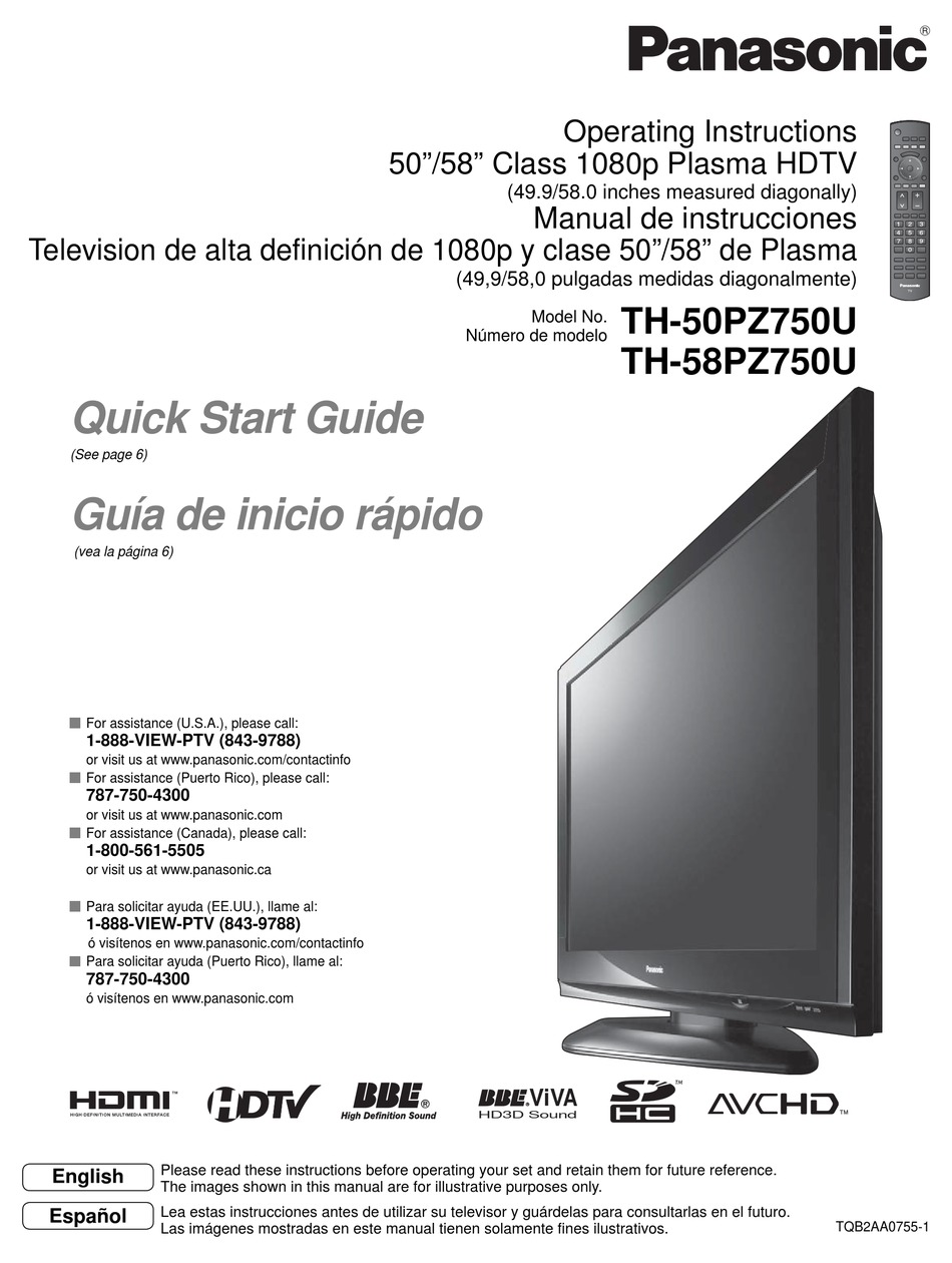PANASONIC TH-50PZ750U OPERATING INSTRUCTIONS MANUAL Pdf Download