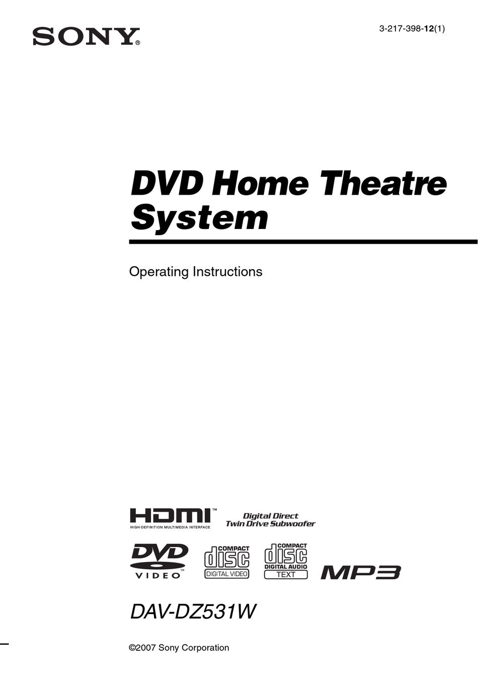 SONY DAV-DZ531W OPERATING INSTRUCTIONS MANUAL Pdf Download | ManualsLib